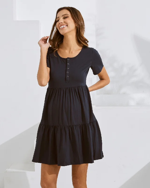 Maternity dress for maternity yoga classes Navy Short Sleeve Maternity Tiered Dress