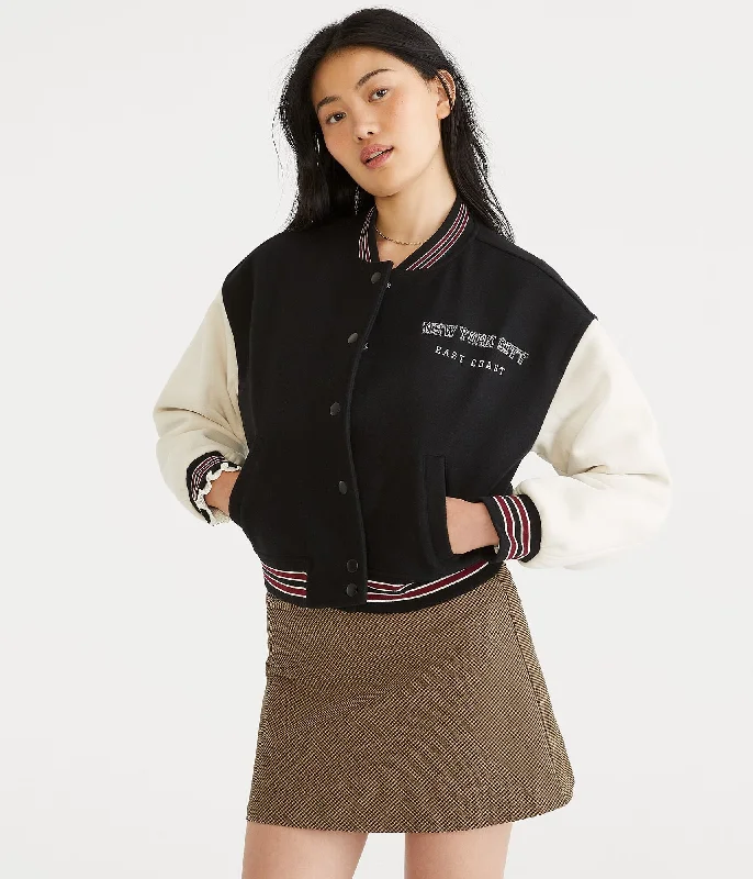 Quilted down women's coats with removable hoods for outdoor activitiesAeropostale New York City Varsity Bomber Jacket