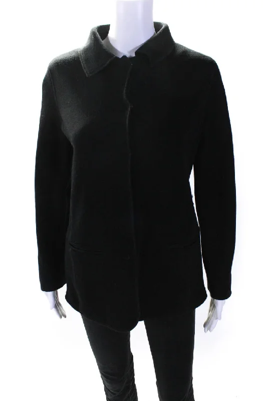 Mid - length women's down coats in a slim fit for a modern and sleek appearanceArmani Collezioni Womens Button Front Collared Knit Jacket Black Cotton