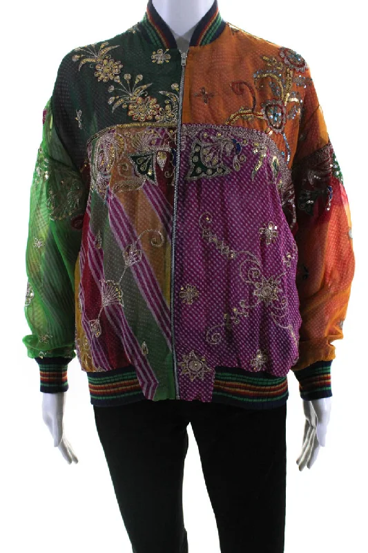 Embroidered women's cotton coats in a bohemian pattern for a unique designAshish Womens Salvaged Sari Patchwork Embroidered Bomber Jacket Multicolor XS