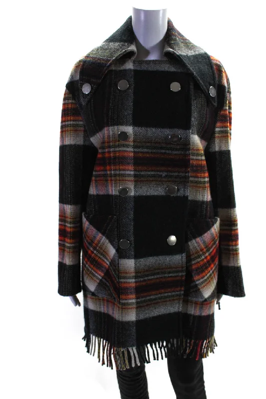 Women's waterproof parka coats with multiple pockets for practicalityCalvin Klein 205W39NYC Womens Double Breasted Boxy Fringe Jacket Black Brown 4