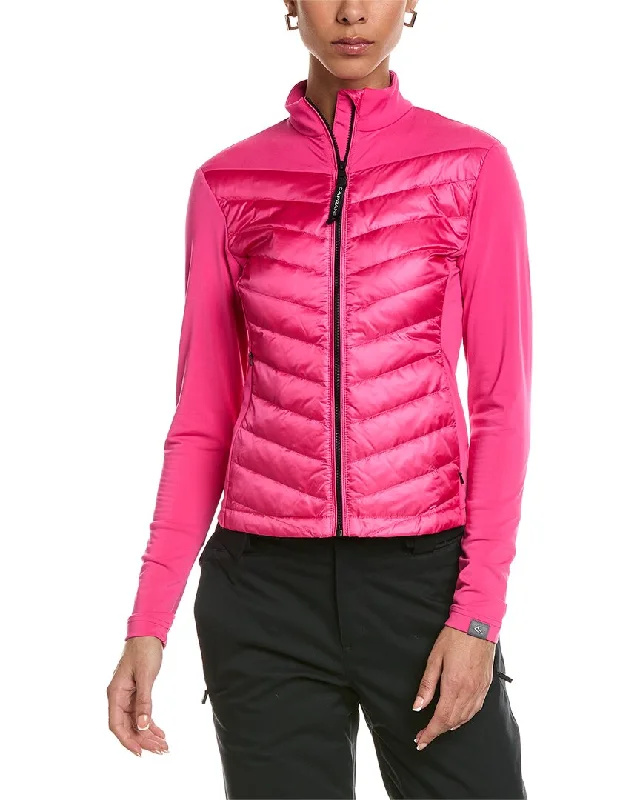 Hooded women's puffer coats in neon colors for high - visibility sportsCAPRANEA Madrisa Midlayer