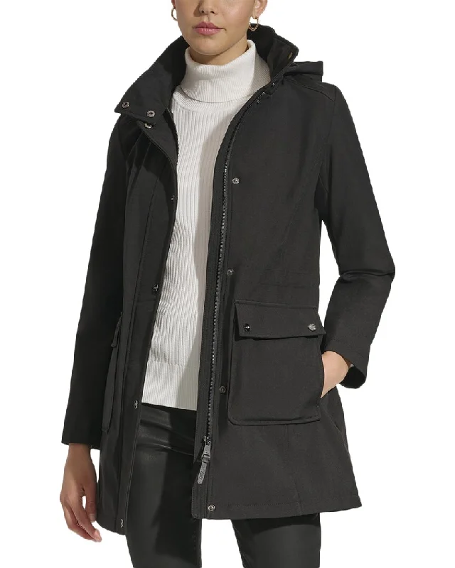 Petite women's wool blend coats with a tailored fit for a flattering silhouetteDKNY Hooded Softshell Jacket