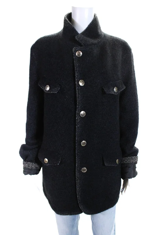 Long women's mac coats in a lightweight fabric for spring showersGimos Womens Dark Navy Textured Collar Button Long Sleeve Coat