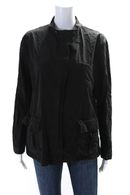 Quilted down women's coats with removable hoods for outdoor activitiesGiorgio Armani Womens Striped Print Buttoned Collared Zipped Jacket Black