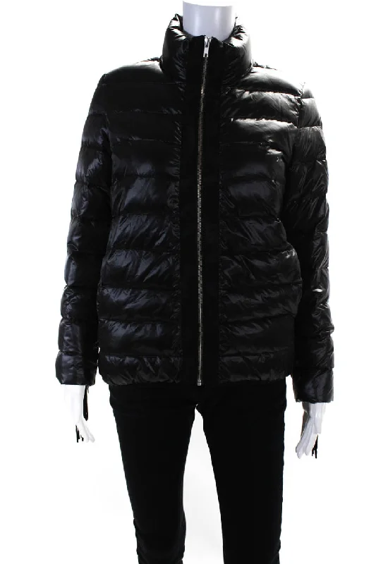 Embroidered women's cotton coats in a bohemian pattern for a unique designGlamourpuss Womens Striped Quilt Fringe Sleeve Zipped Puffer Coat Black