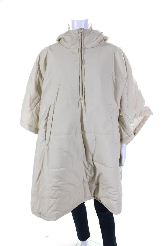 Long women's mac coats in a lightweight fabric for spring showersGoop by Ecoalf Womens Beige Hooded 3/4 Sleeve Puffer Poncho Coat Jacket