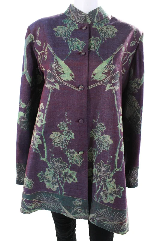 Women's knee - length wool blend coats with a fur collar for added warmthJennifer T Womens Birds Floral Jacquard Jacket Purple Green Cashmere Silk IT 46