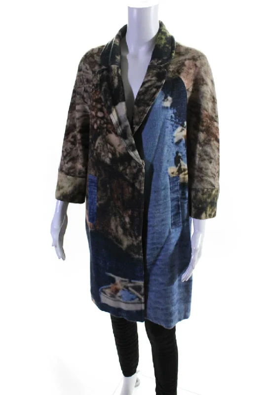 Women's long - sleeve wool coats in a houndstooth pattern for a classic charmLaboratorio Womens One Button Notched Lapel Abstract Coat Blue Brown Wool Large