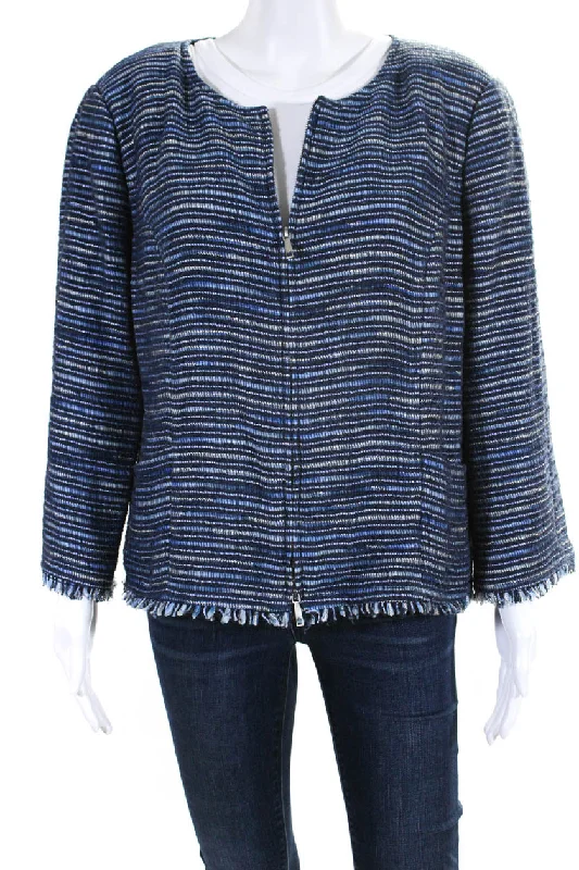 Quilted down women's coats with removable hoods for outdoor activitiesLafayette 148 New York Womens Cotton Tweed Zip Up Fringe Hem Jacket Blue