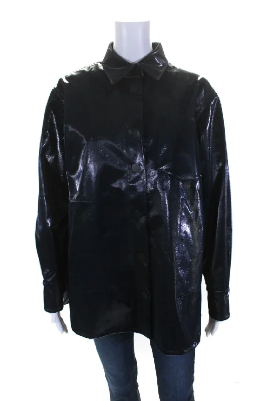 Women's cropped leather coats with silver studs for an edgy lookLis Lareida Womens Button Front Collared Textured Jacket Navy Blue Wool FR 36