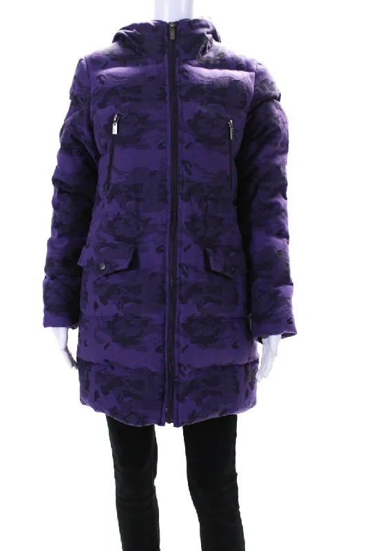Mid - length women's down coats in a slim fit for a modern and sleek appearanceLucien Pellat-Finet Womens Purple Camouflaged Full Zip Hooded Puffer Coat
