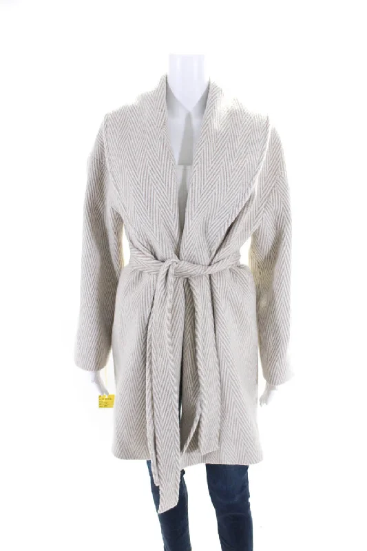 Long women's mac coats in a lightweight fabric for spring showersMalej Womens Beige Printed Cowl Neck Belt Long Sleeve Coat Jacket