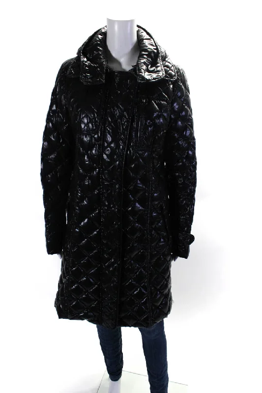 Mid - length women's down coats in a slim fit for a modern and sleek appearanceMoncler Womens Long Sleeve Front Zip Hooded Down Quilted Jacket Black