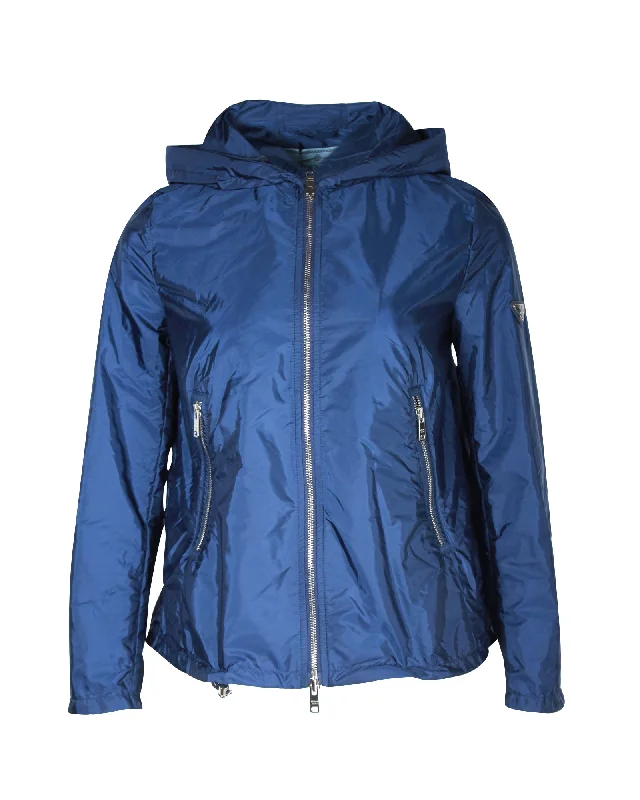 Women's knee - length wool blend coats with a fur collar for added warmthPrada Hooded Jacket in Blue Nylon Women's knee - length wool blend coats with a fur collar for added warmthPrada Hooded Jacket in Blue Nylon