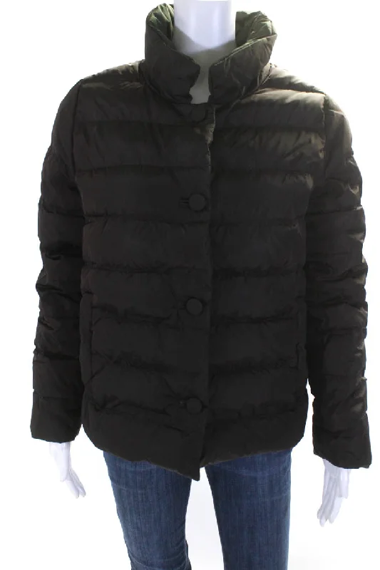 Hooded women's puffer coats in neon colors for high - visibility sportsPrada Womens Button Down Puffer Jacket Chocolate Brown