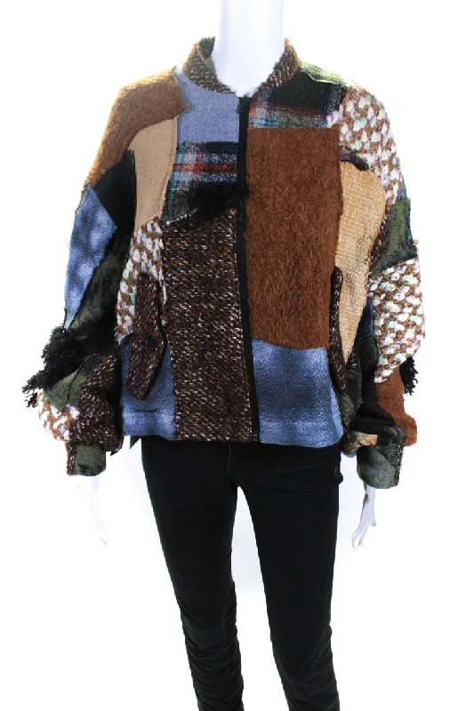 Quilted down women's coats with removable hoods for outdoor activitiesQuetsche Womens Patchwork Mixed Media Full Zip Jacket Brown