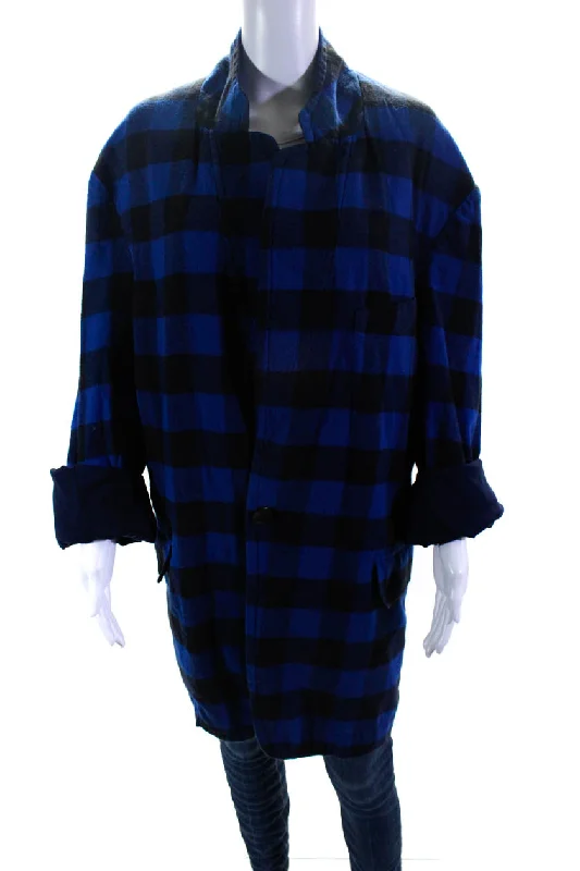 Oversized women's wool coats in a monochromatic look for a trendy outfitR13 Womens Cotton Check Print Buttoned Long Sleeve Collared Jacket Blue