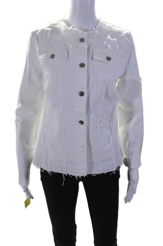 Quilted down women's coats with removable hoods for outdoor activitiesRenuar Womens Cotton Buttoned Fringed Trimmed Long Sleeve Jacket White