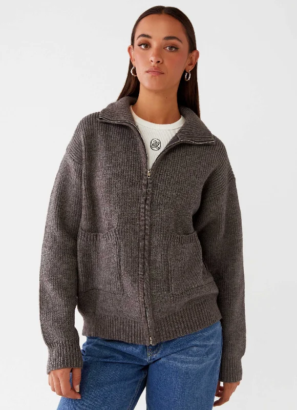cable knit women cardigan with intricate patternsCommon Ground Oversized Zip Cardigan - Charcoal cable knit women cardigan with intricate patternsCommon Ground Oversized Zip Cardigan - Charcoal