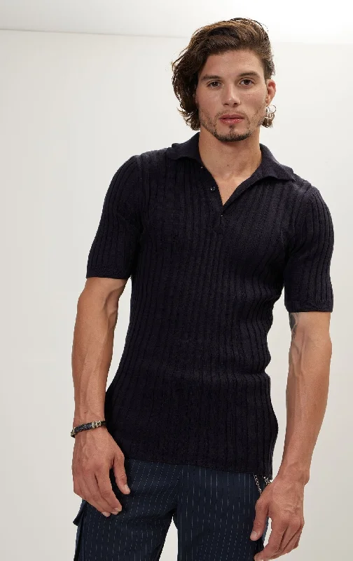 Ribbed Short Sleeve Polo Neck T-Shirt  - Navy