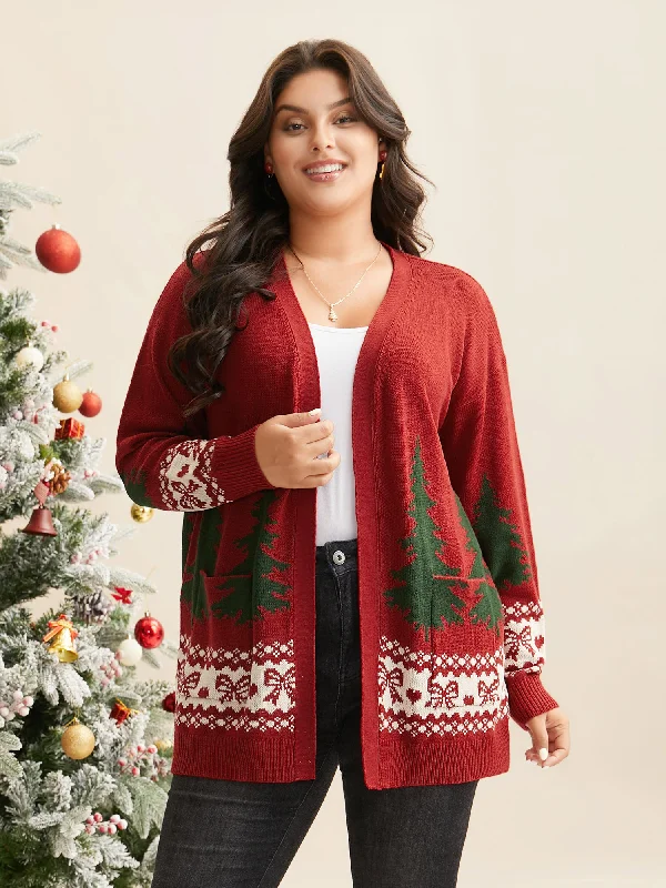 Festive Trees Pattern Open Cardigan