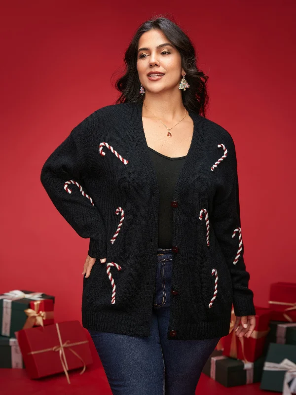 cropped women cardigan to pair with high - waisted jeansHand Crocheted Candy Cane V-neck Cardigan