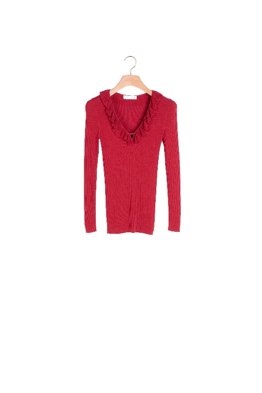 ribbed women cardigan with a classic texturePull maille fine avec col volanté