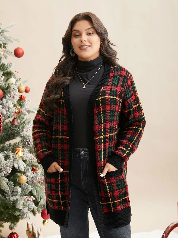 ribbed women cardigan with a classic textureHoliday Plaid V-neck Open Cardigan
