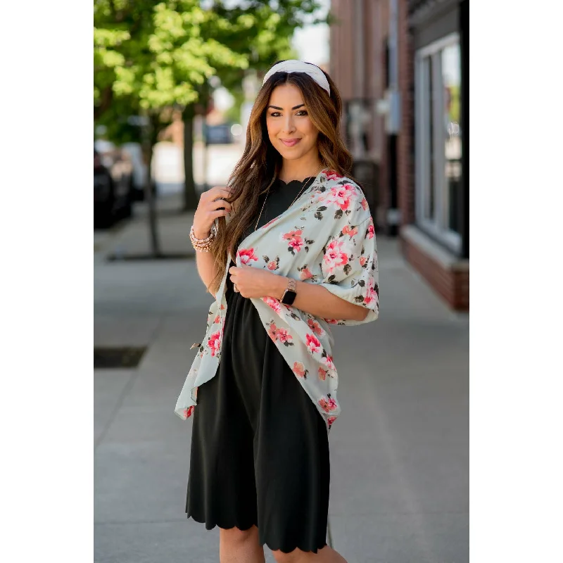 plus size women cardigan for comfortable layeringSage Floral Kimono