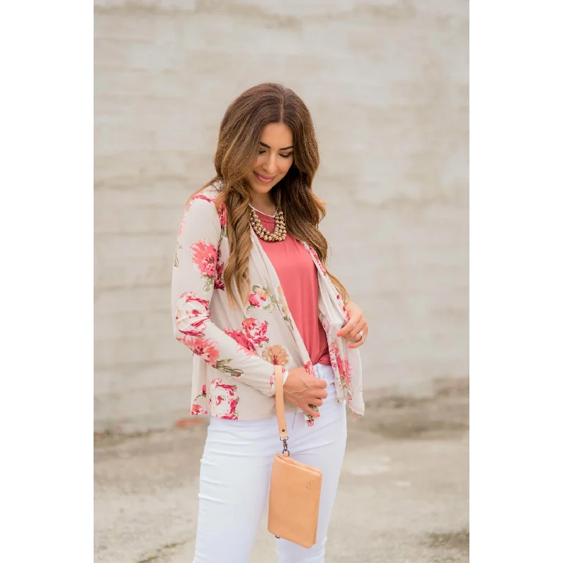 ribbed women cardigan with a classic textureShort Tan Floral Cardigan