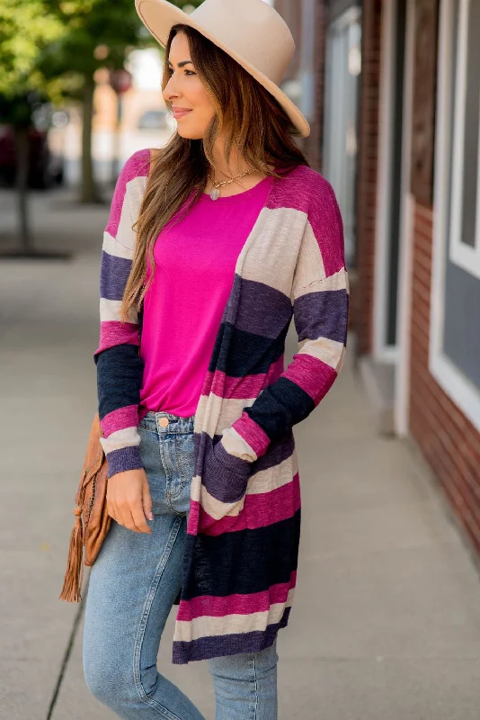 hand knitted women cardigan with artisanal charmStriped Tissue Cardigan - Pink