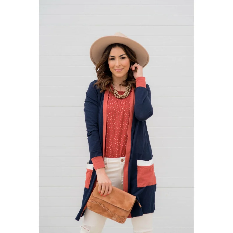 machine washable women cardigan for easy careTrimmed Pocket Tunic Cardigan