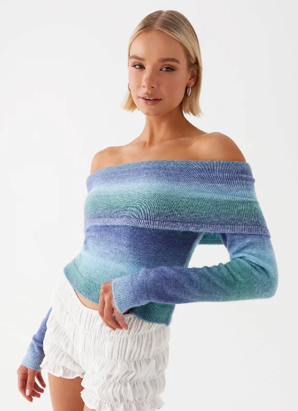 button down women cardigan with vintage buttonsTully Off Shoulder Knit - Blue Ombre