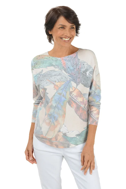 Colorful Feathers Jeweled Dolman Sleeve Sweater