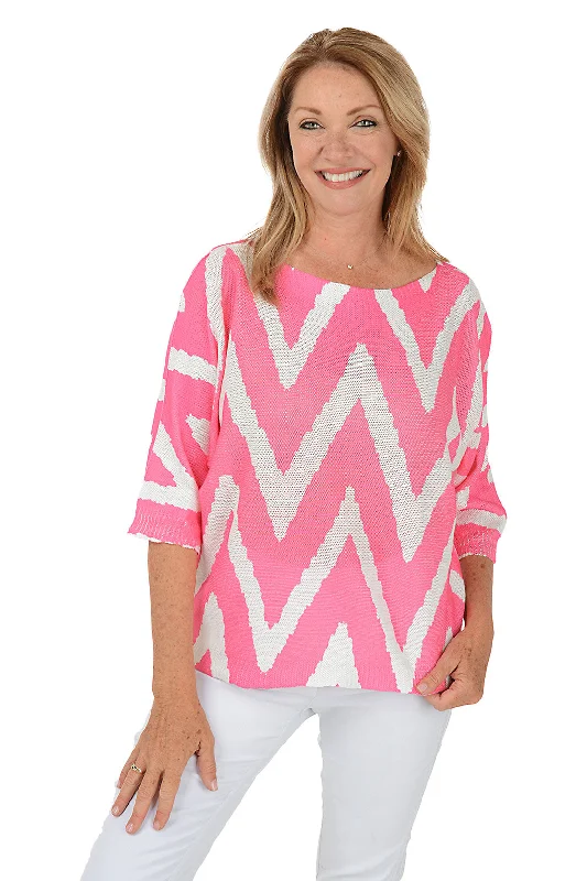 Split - Hem Women's Linen Blend Sweaters for SpringPink Zig Zag 3/4 Sleeve Lightweight Sweater