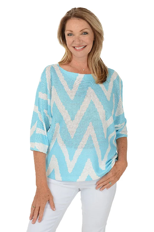 Plus Size Women's Sequined Sweaters for Special OccasionsBlue Zig Zag 3/4 Sleeve Lightweight Sweater