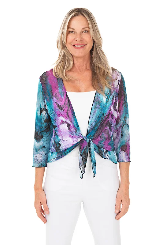 Plus Size Women's Sequined Sweaters for Special OccasionsPurple Waterfall Mesh Tie-Front Shrug
