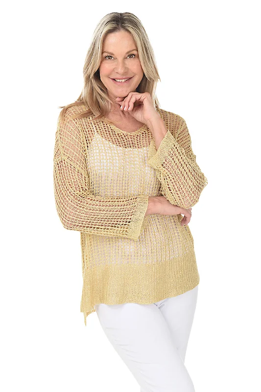 Mock Neck Women's Alpaca Wool Sweaters in Earth TonesGold Open Crochet High-Low Sweater