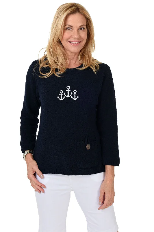Plus Size Women's Ruffled Hem Sweaters in Floral PrintsNavy Anchor Embroidered Chenille Sweater
