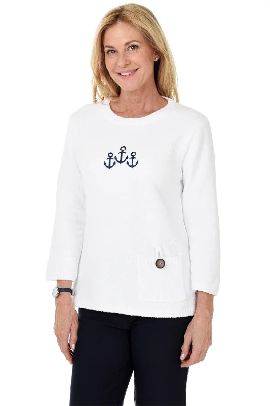 Sleeveless Women's Silk - Trimmed Sweaters for SummerWhite Anchor Embroidered Chenille Sweater