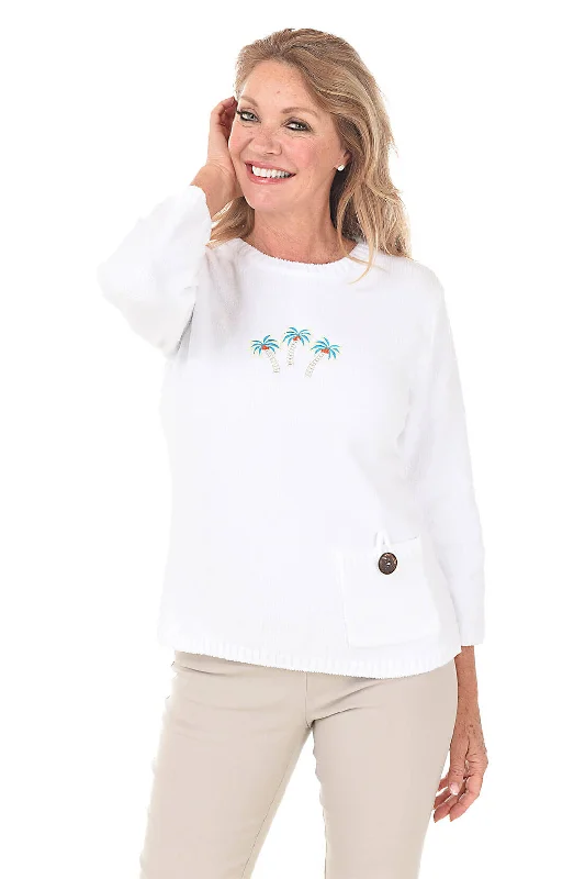 Open - Front Women's Cardigan - Style Mohair SweatersPalm Tree Embroidered Chenille Sweater