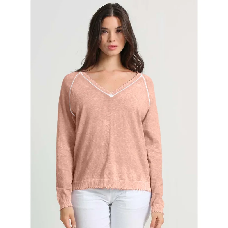 Split - Hem Women's Linen Blend Sweaters for SpringCotton/Cashmere Frayed Long Sleeve