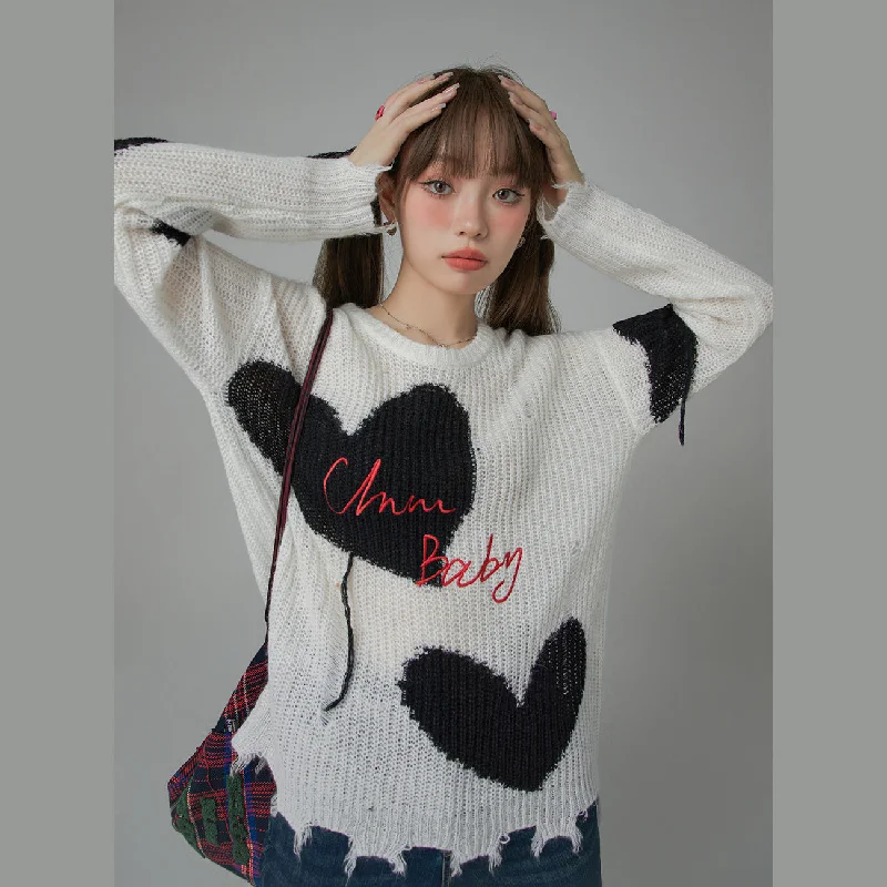 Women's Long Sleeve Turtleneck Cashmere SweatersDistressed Heart Loose Fit Sweater