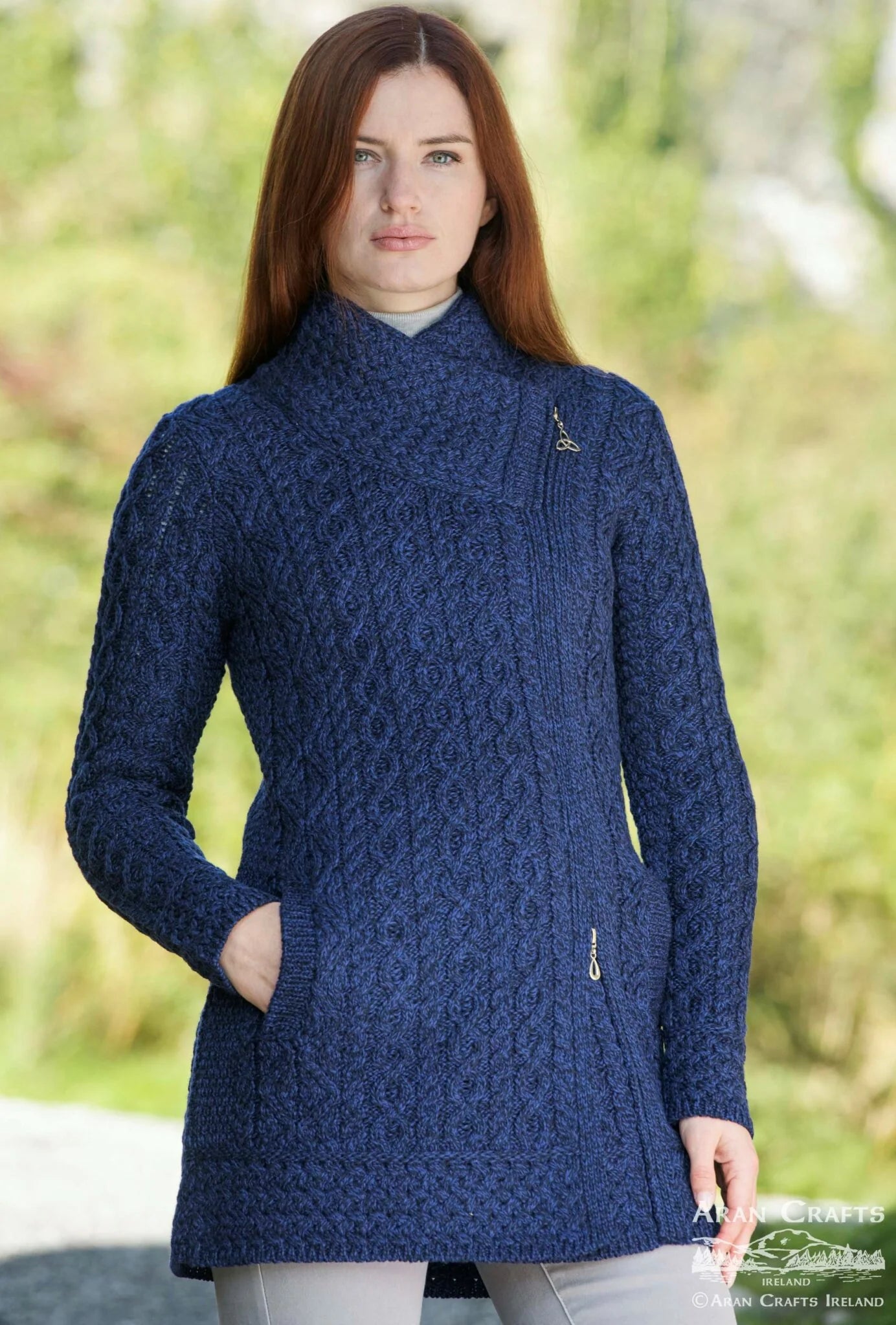 Button - Down Women's Shetland Wool Sweaters in Traditional PatternsAran- Athenry Coat - Midnight