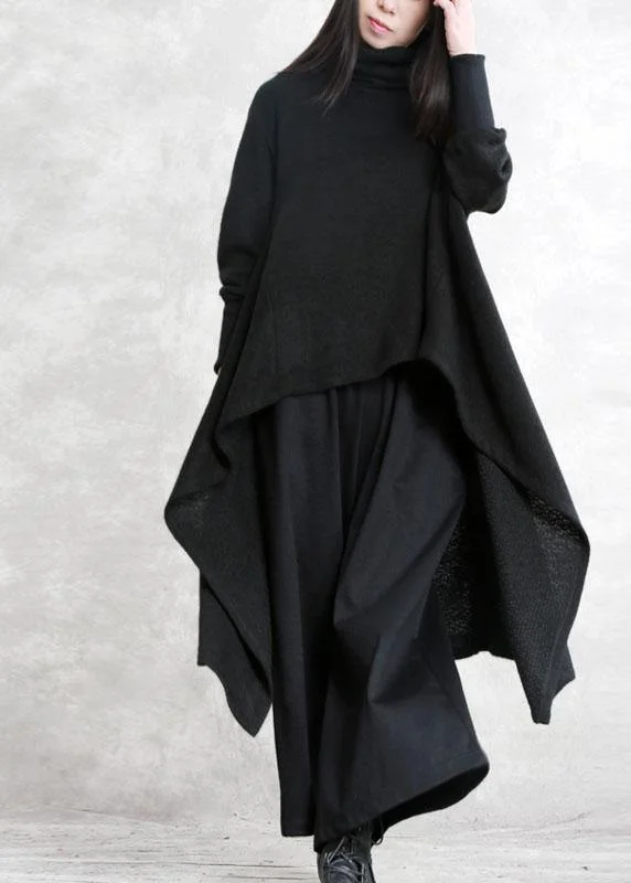 High - Low Hem Women's Cashmere - Blended SweatersItalian Black Turtleneck Pockets Fall Asymmetrical Design Knit Sweater