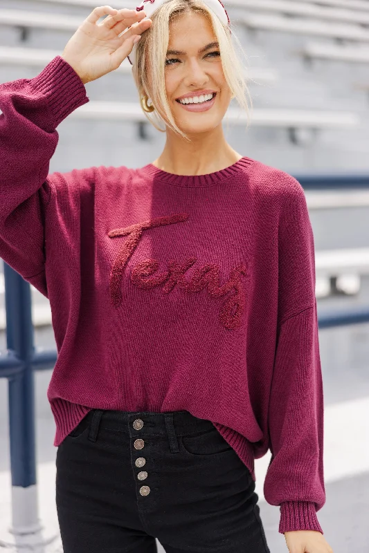 V - Neck Women's Ribbed Wool Sweaters for FallIt's A Win Maroon Texas Script Sweater