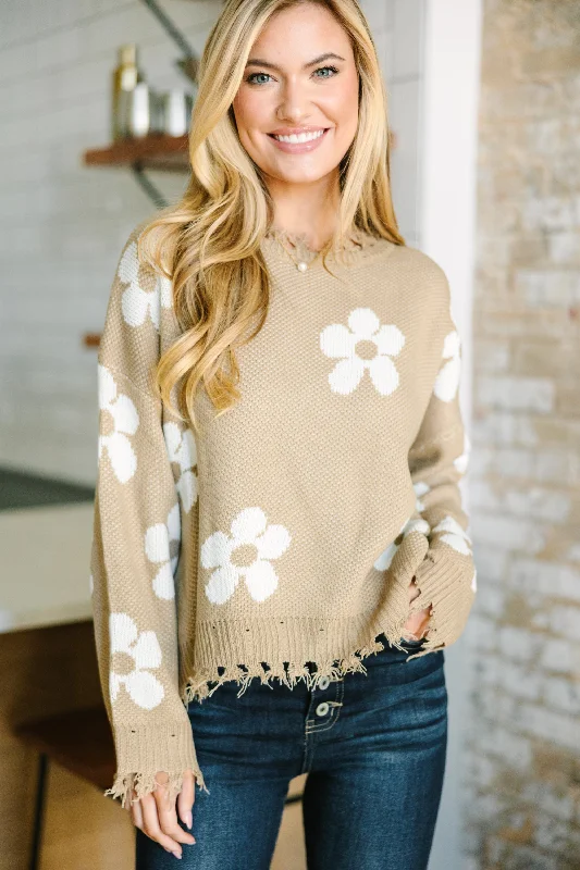 High - Low Hem Women's Cashmere - Blended SweatersNever Let You Go Taupe Brown Floral Sweater