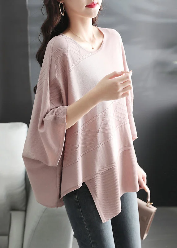 Oversized Pink O Neck Asymmetrical Thin Knit Sweater Batwing Sleeve