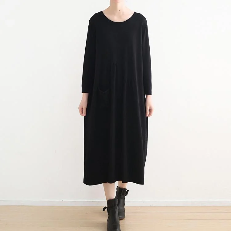 Plus Size Women's Belted Cable Knit SweatersStylish Black Knit Dresses Casual O Neck Sweater Vintage Pockets Winter Dress